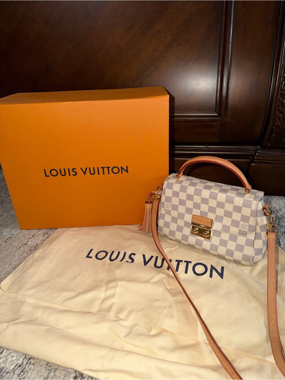 Louis Vuitton Damier Azur Mini Handbag with Tan Leather Trim